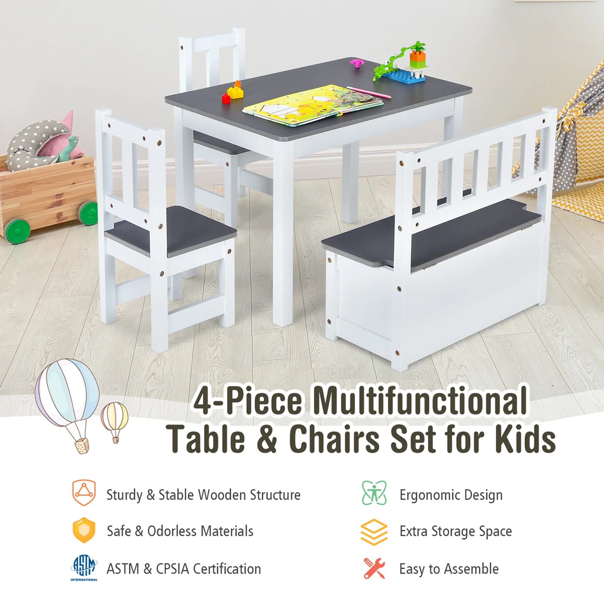 4 PCS Kids Wooden Activity Table & Chairs Set